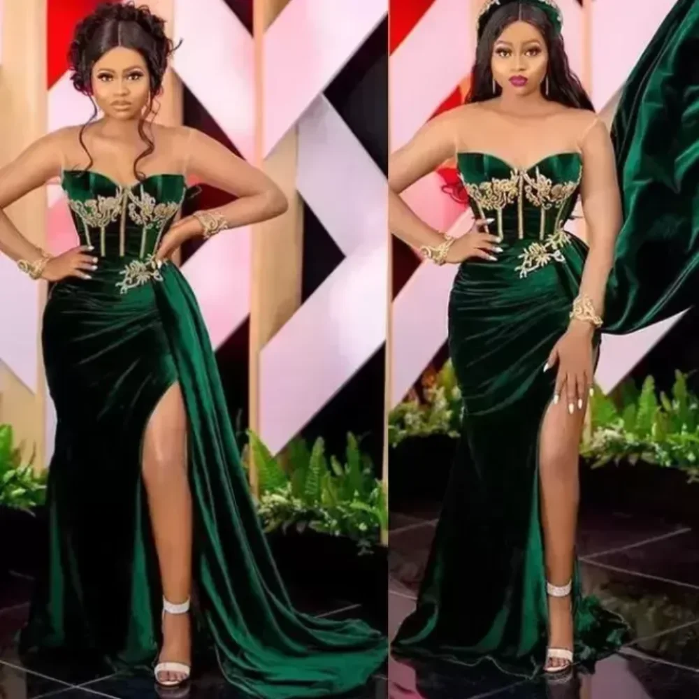 

Emerald Green African Prom Party Dress Sexy Slit Sweetheart Arabic Aso Ebi Velvet Plus Size Evening Occasion Gown wear Customed