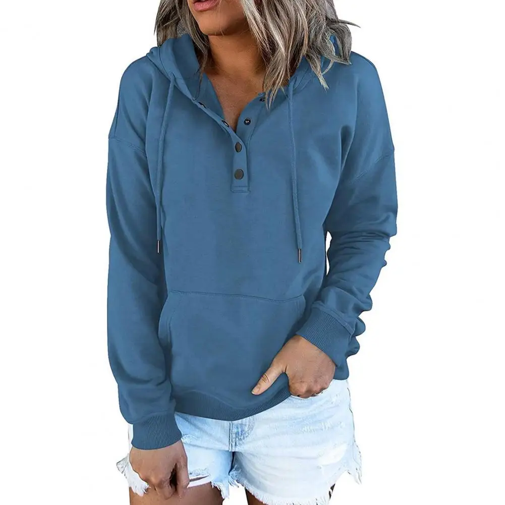 

Women Autumn Hoodie Cozy Drawstring Hoodie with Big Pocket Button Detail for Women Soft Warm Pullover with Elastic Cuff Fall