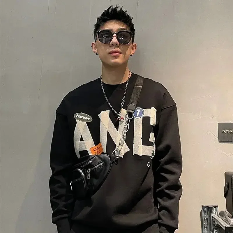 

Crewneck Sweatshirt for Men Hoodieless Pullover Hip Hop Top Round Neck Black Graphic Male Clothes Overfit Luxury Korean Style S