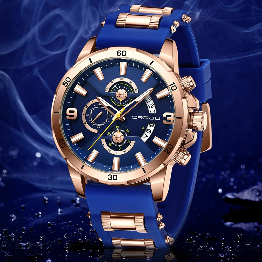 

CRRJU Men Watch Top Brand Luxury Sports Quartz Mens Leather Watches Waterproof Chronograph Wristwatch Men Relogio Masculino
