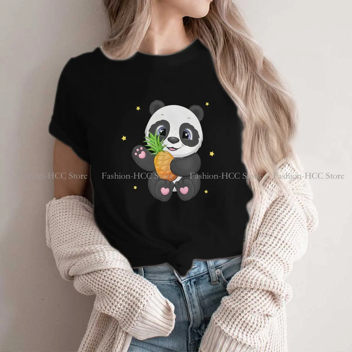 

Cute Panda Animal Polyester TShirt for Women Holding A Big Pineapple Soft Casual Sweatshirts T Shirt Novelty New Design