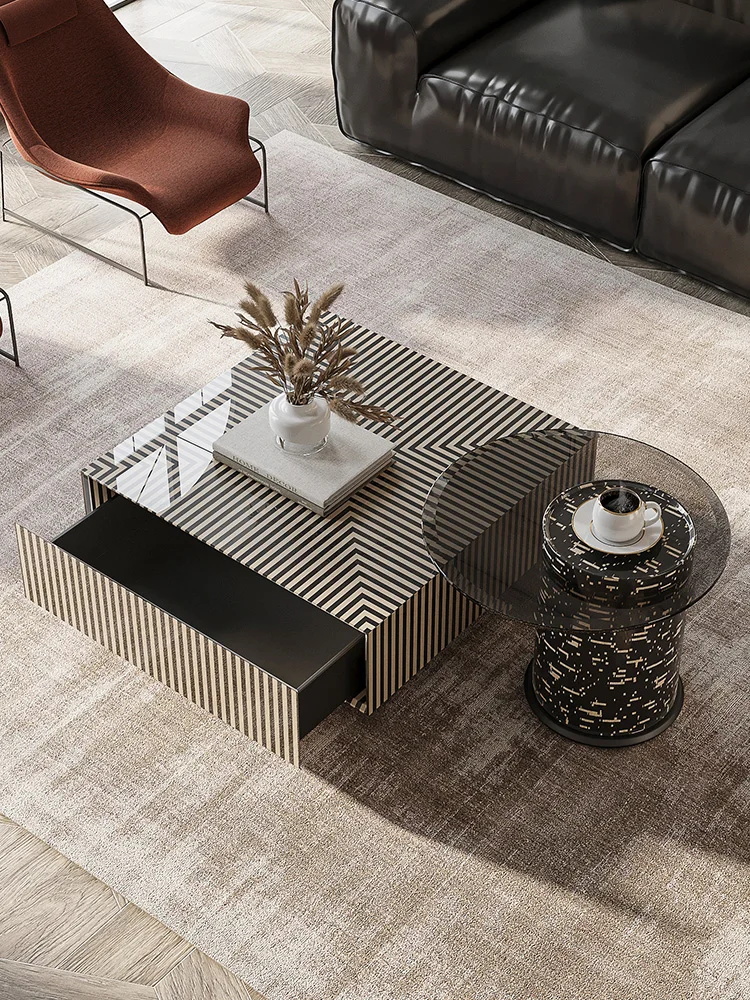 

Кофейный столик с выдвижными ящиками в стиле ретро, маленькая гостиная, креативный квадратный дизайн с узором зебры для домашнего использования, журнальный столик