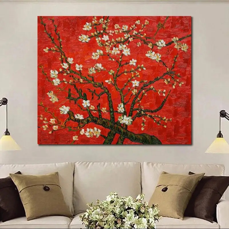 

Red Canvas Wall Art Almond Tree Blossom Hand Painted Vincent Van Gogh Oil Painting Replicas Modern Flower Artwork High Quality