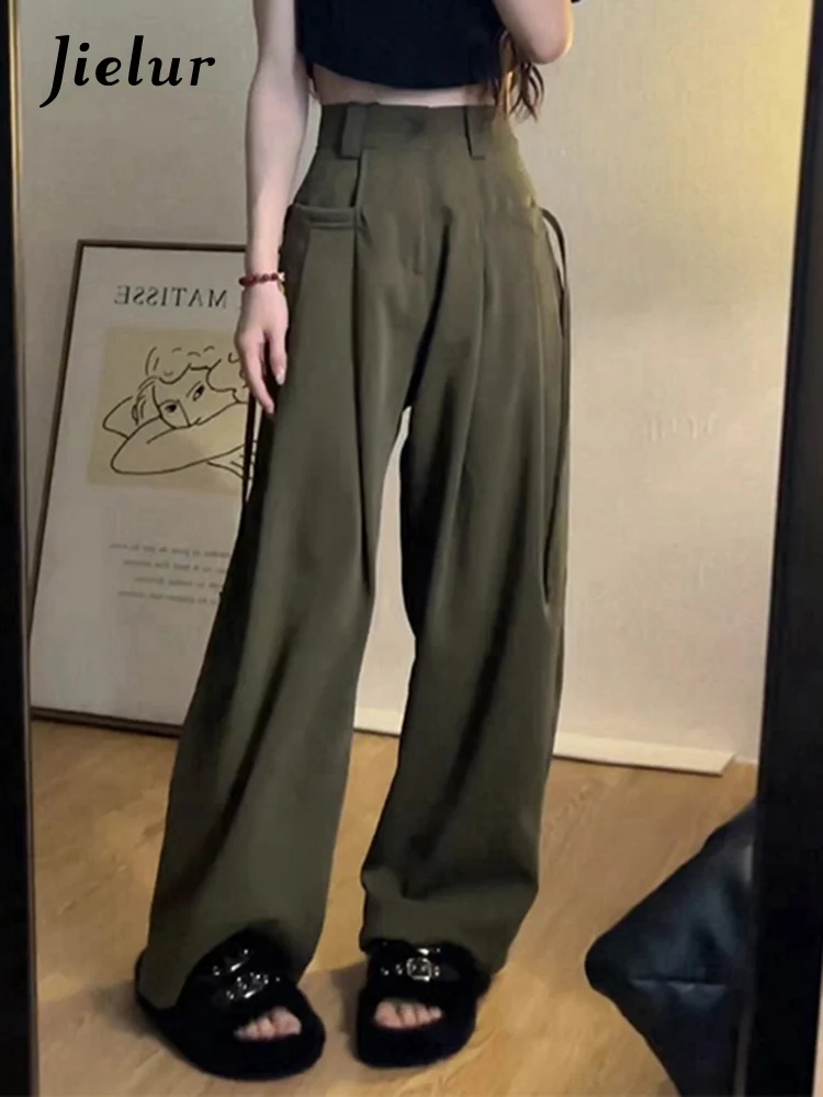 

Jielur New American Style Vintage Women Pants Office Lady Solid Color High Waist Slim Full Length Fashion Female Wide Leg Pants