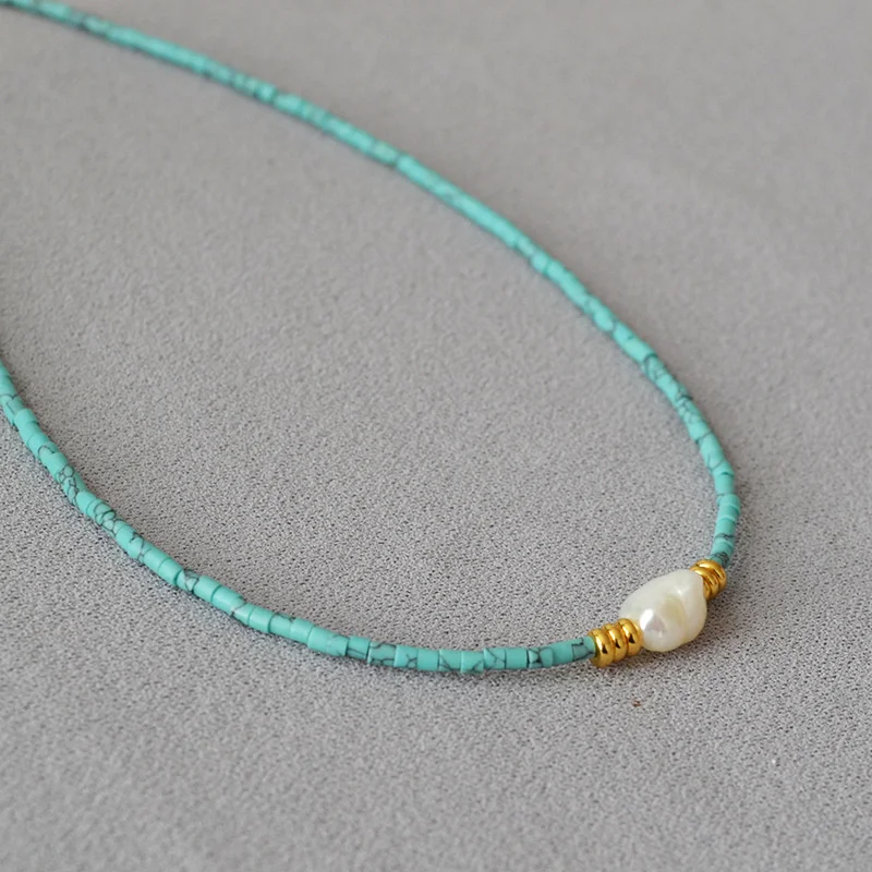 

French niche art turquoise irregular Baroque pearl beading minimalist temperament necklace collarbone chain