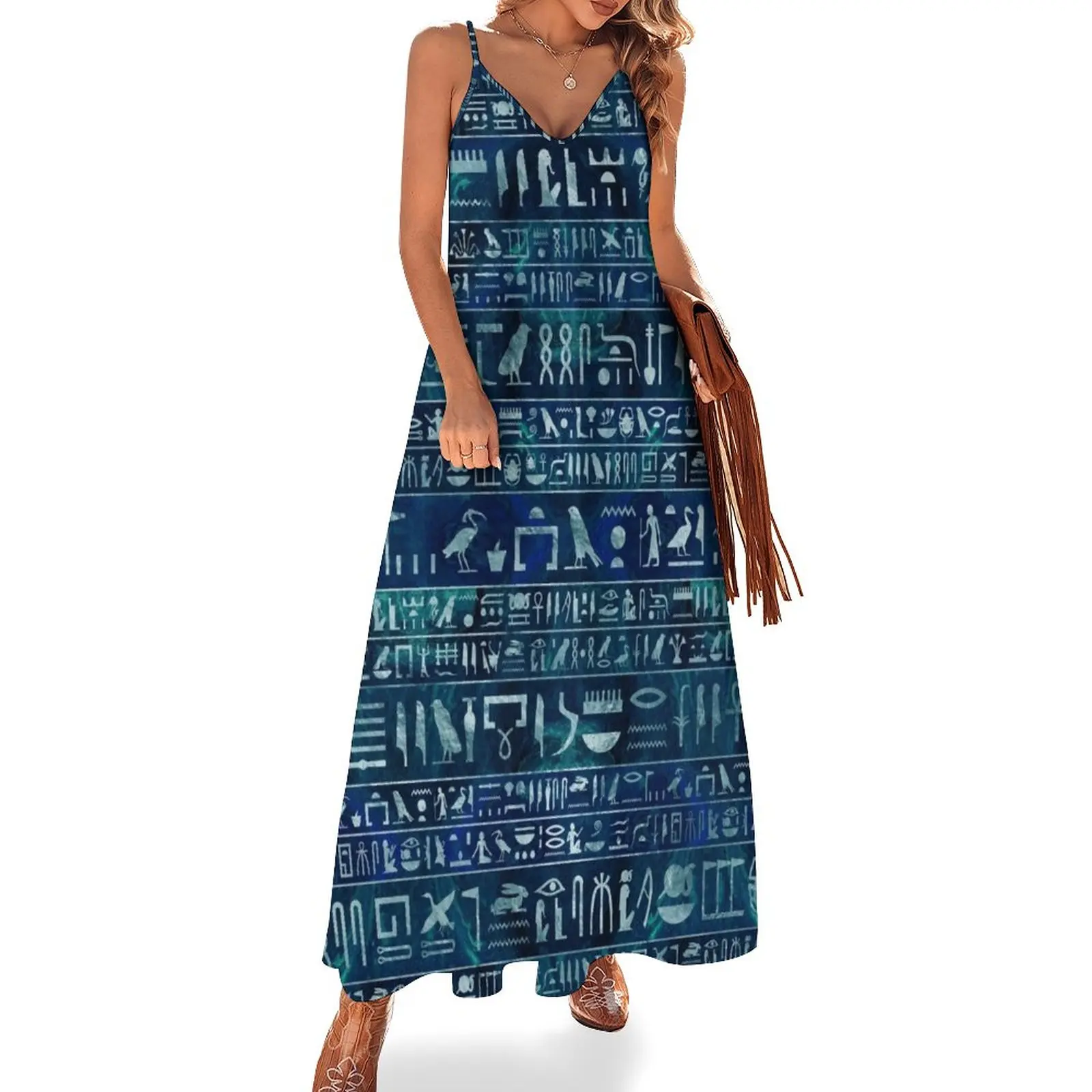 

Egyptian hieroglyphs -silver on blue painted texture Sleeveless Dress Elegant gown long sleeve dresses
