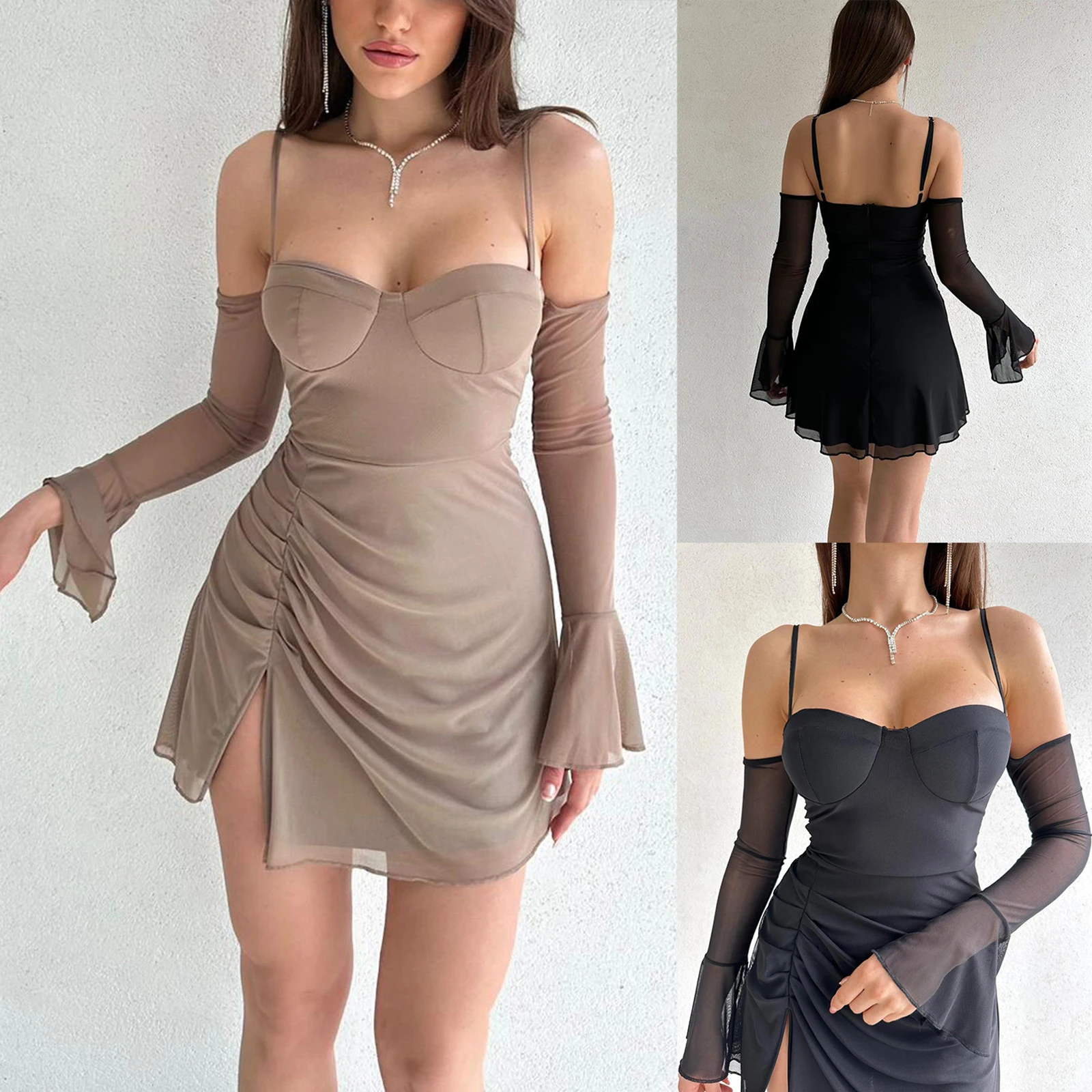 

Women's Fashion Slip Off-Shoulder Mini Dress Spaghetti Straps Backless Slit Summer Bodycon Dress with Oversleeves Clubwear