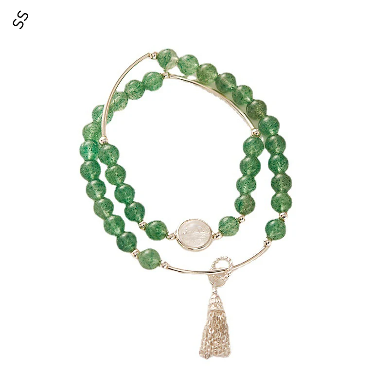 

Браслет с натуральными кристаллами для девушек, Очаровательная зеленая Клубничная кварцевая цепочка для рук, модная металлическая кисточка в простом стиле, свежий лес