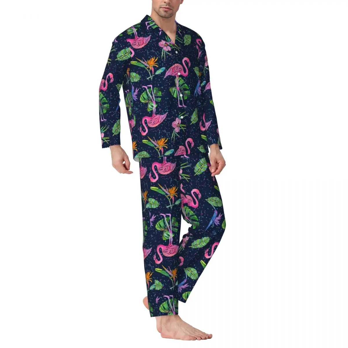 

Pink Birds Print Pajama Sets Flamingo Party Kawaii Sleepwear Men Long Sleeves Vintage Room 2 Pieces Nightwear Plus Size 2XL