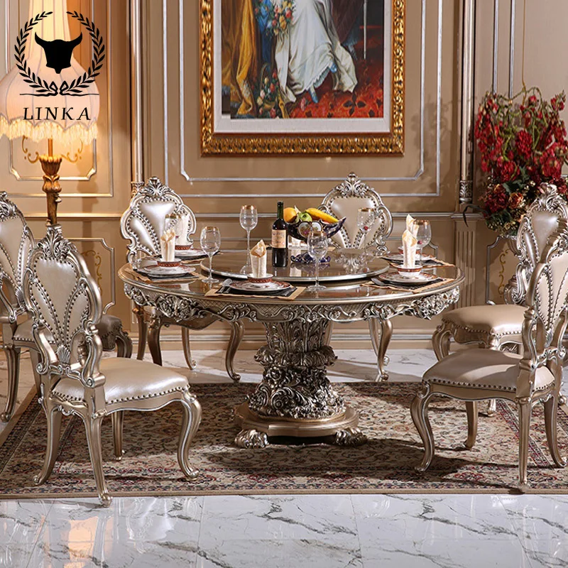 Custom European solid wood dining table and chair combination French round luxury carved retro restaurant furniture
Custom European solid wood dining table and chair combination French round luxury carved retro restaurant furniture