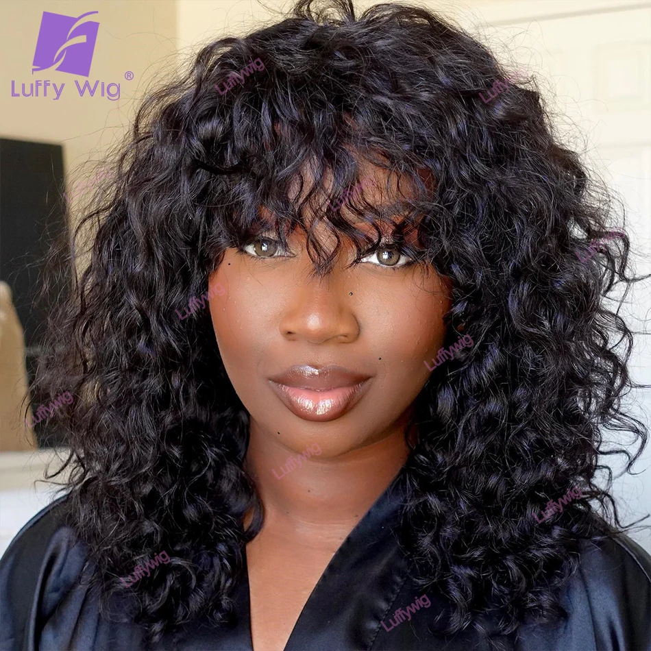 

Short Curly Human Hair Wigs With Bangs Remy Brazilian Scalp Top Curly Bob Bang Wig Glueless 200 Density For Black Women luffywig