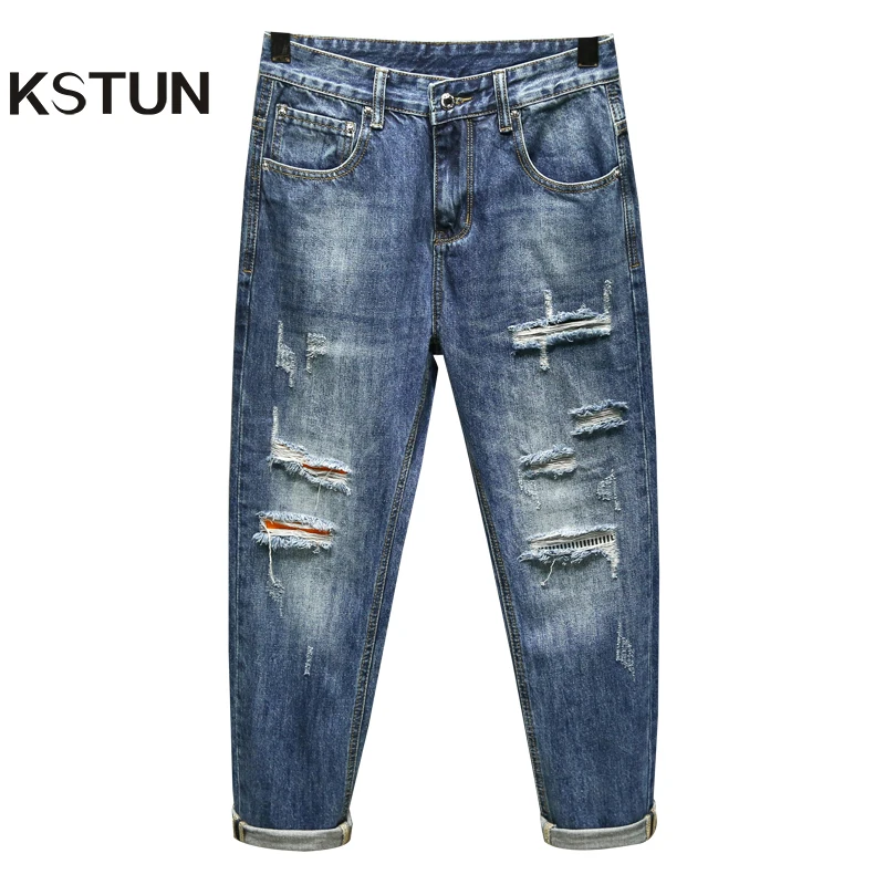 

Hip Hop Wide Leg Jeans Men Harem Baggy Pants Loose Fit 100% Cotton Ripped Cropped Jeans Kpop Patchwork Ankle Length Men Clothes