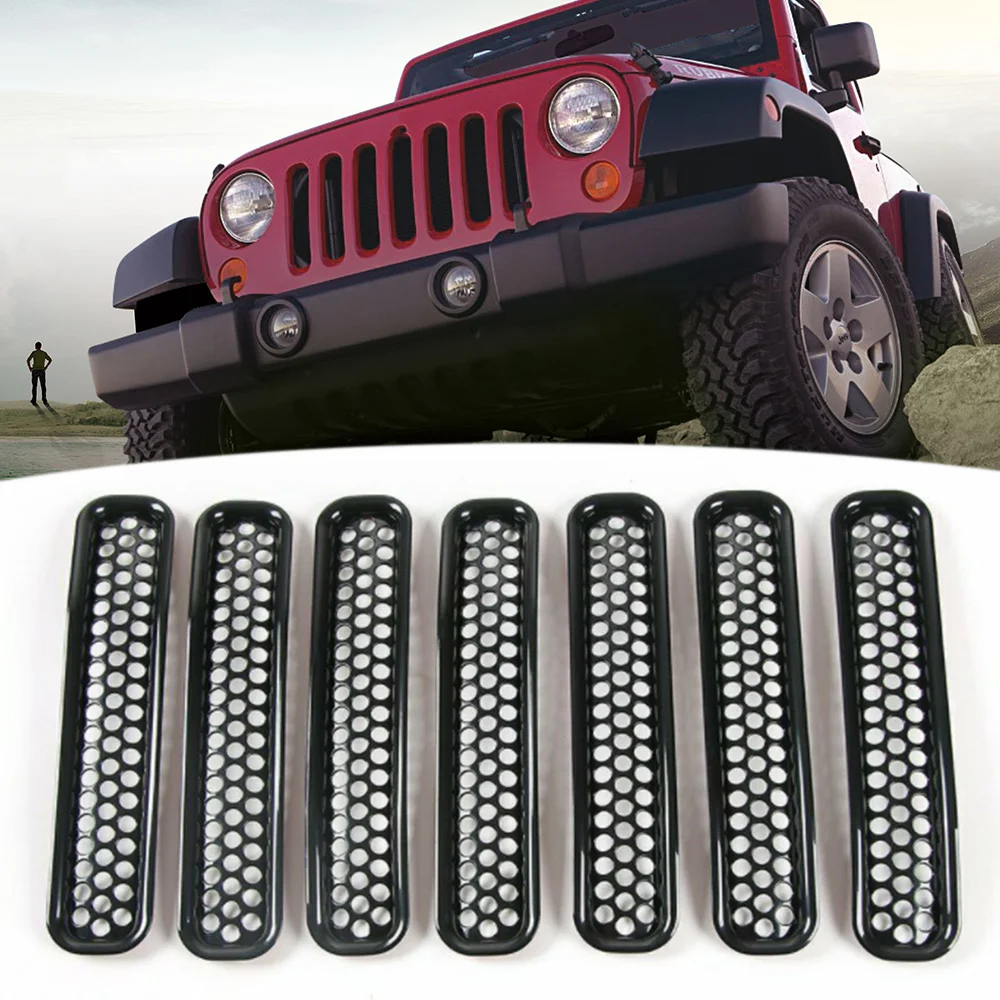 

7pcs ABS Front Grill Insert Grille Cover Trim Compatible for Jeep Wrangler JK 2007-2014 Car Accessories Wrangler Grille