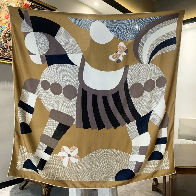 

High-end Elegant Women's Exquisite "Horse Jump" Double-sided Printed Quality Silk Wool Hand-rolled Edge Large Square Scarf Shawl