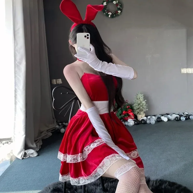 

Рождественская женская форма, нарядное платье, костюм Санта-Клауса для косплея, зимнее красное плюшевое платье, костюм, сексуальное мини-платье, горничная, кролик
