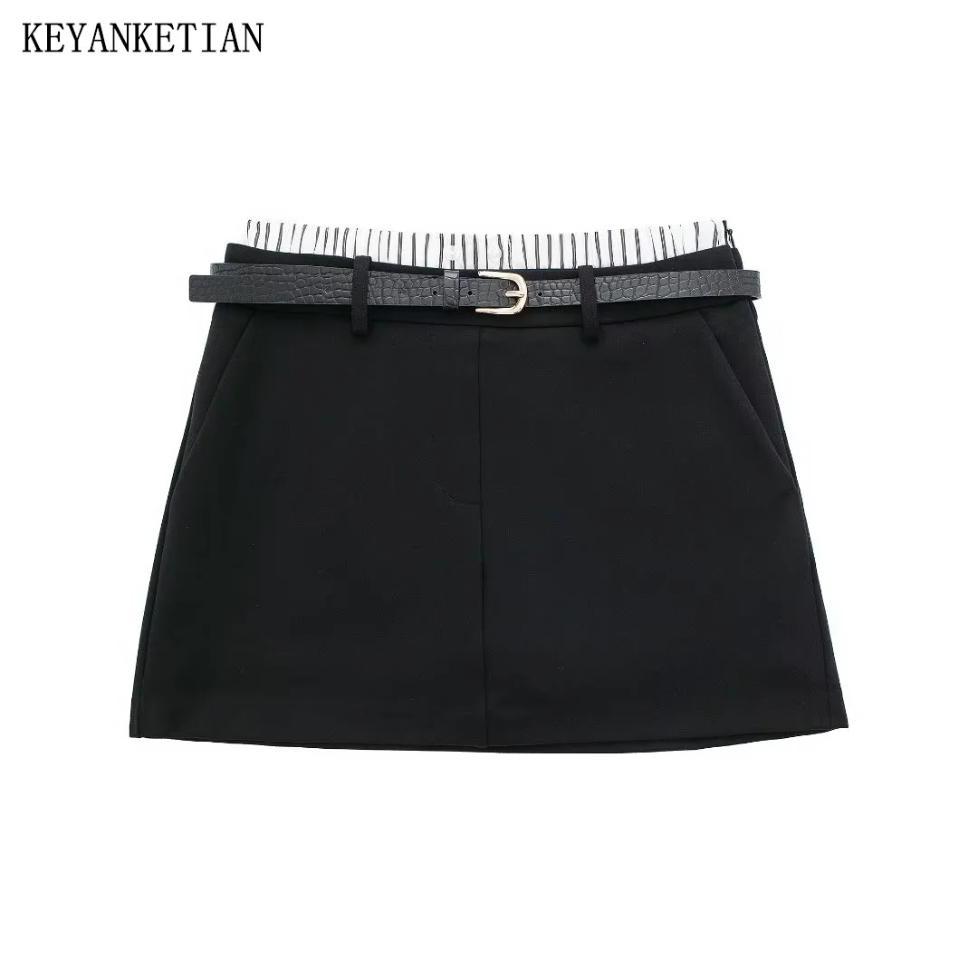 

KEYANKETIAN 2024 New Launch Women's Striped Patchwork Mini Skirt Fashion Chic With Belt Low-Rise A-Line Culottes Suit Skirt