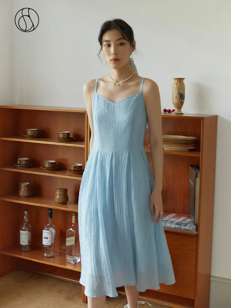 

DUSHU French Romantic V-neck Suspender Dress for Women Summer New High Waist A-line Thin Elegant Solid Color Dress Female