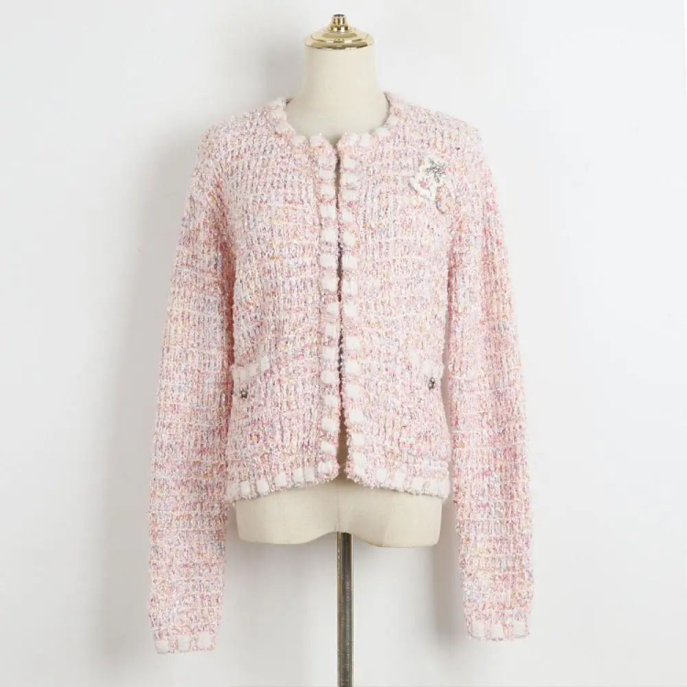 

2024 Spring/summer New Sweet Hooked Flower Knitted Cardigan Women Pink Romantic Elegant Long Sleeve Sweater Coat