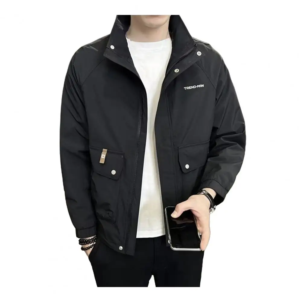 

Men Fall Winter Coat Stand Collar Long Sleeve Smooth Windproof Zipper Closure Loose Soft Solid Color Pockets Men Jacket