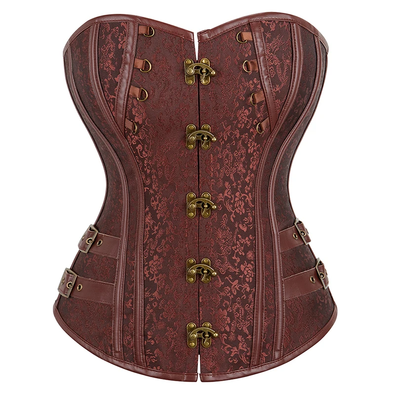 

Waist Trainer Brocade Steampunk Jacquard Faux Leather Studded Overbust Brown Corset Bustier S-6XL