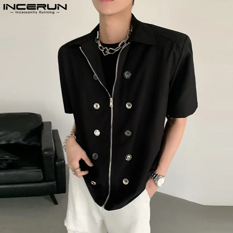 Топы INCERUN 2023, мужские рубашки в Корейском стиле на молнии с металлическими пуговицами, Повседневная хорошо облегающая Мужская однотонная блузка с короткими рукавами 
Топы INCERUN 2023, мужские рубашки в Корейском стиле на молнии с металлическими пуговицами, Повседневная хорошо облегающая Мужская однотонная блузка с короткими рукавами