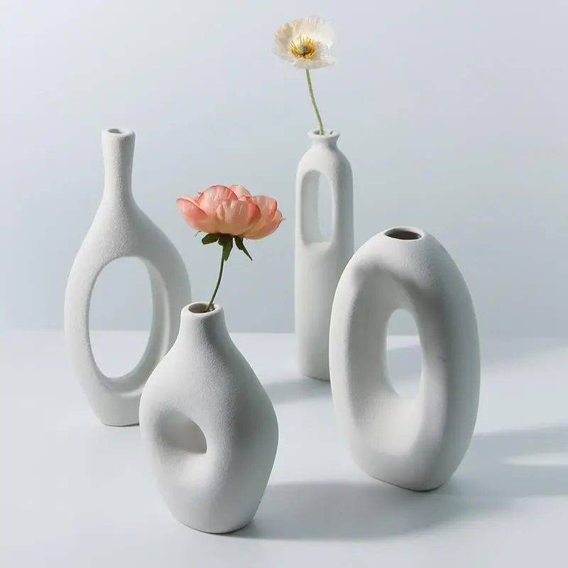 

Practical Home Decor White Frosted Texture Flower Arrangement Vase Modern Interior Ornaments Ceramic Irregular Geometrical Vase