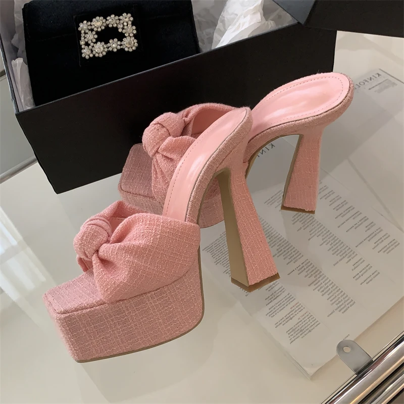 

2023 New Butterfly-knot Open Toe Slippers Woman Chunky Platform Wedding Banquet Sandals Extreme High Heels Slide Shoes Slippers