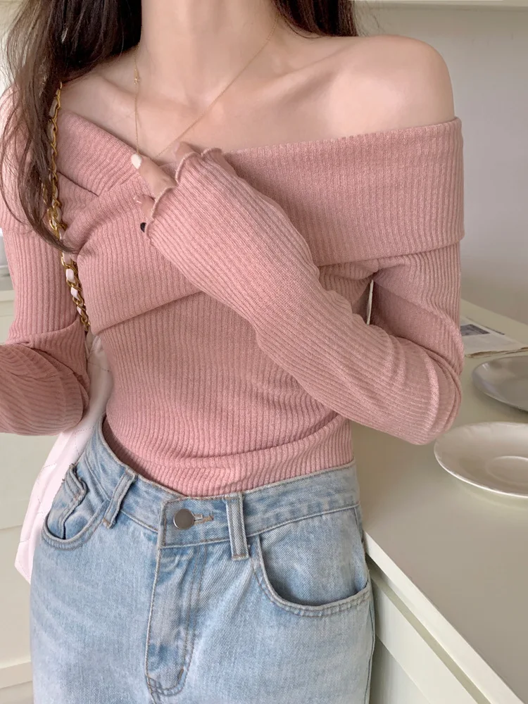 

Hsa Off Shoulder Women Sweater Slash neck Sexy French Knitted Long Sleeve Pink Y2k Vintage Winter Clothes Slim Knitwear Vestidos