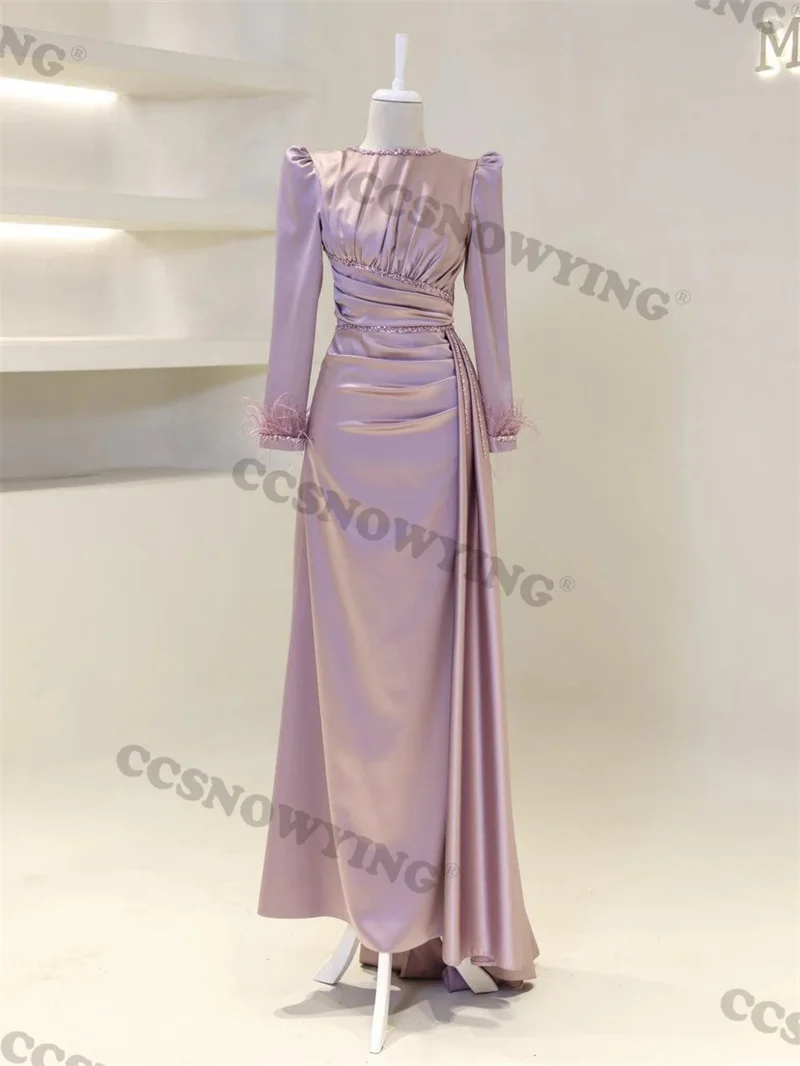 

Satin Beaded Muslim Evening Dresses Islamic Long Sleeve O Neck Hijab Formal Party Gown Arabic Dubai Women Robe De Soiree