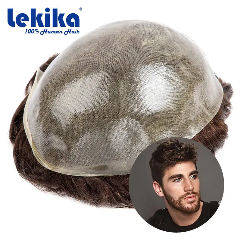 

Toupee Men Double knotted 0.06-0.08mm PU Natural Hairline Men Wig 100% Human Hair Hair System Unit 6" Male Hair Prosthesis