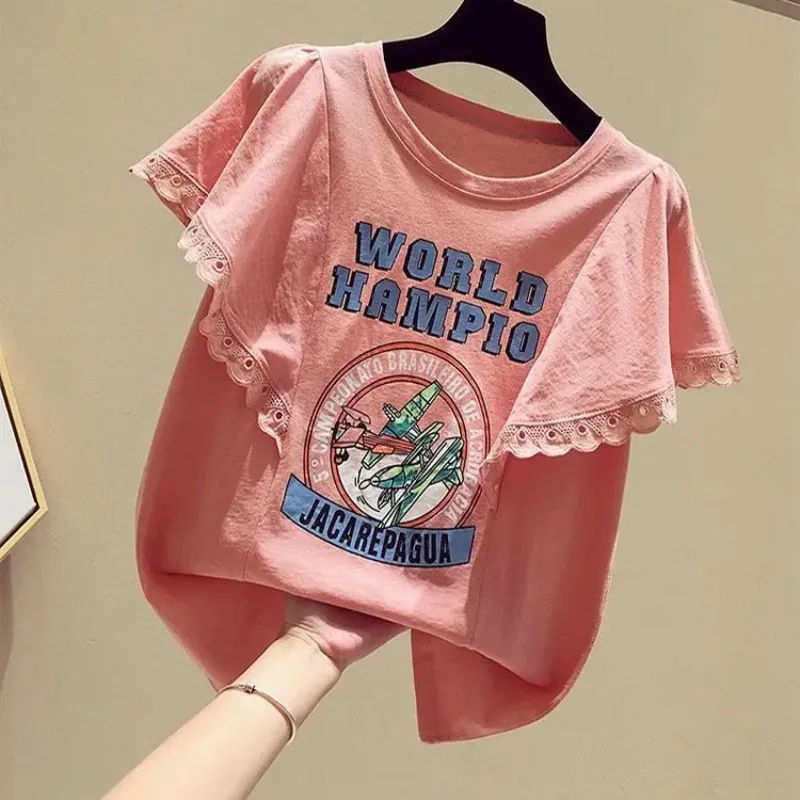 

Женская аниме футболка, кружевная хлопковая розовая сетчатая дешевая одежда, Молодежная женская футболка, бесплатная доставка, Корейская одежда Y2k