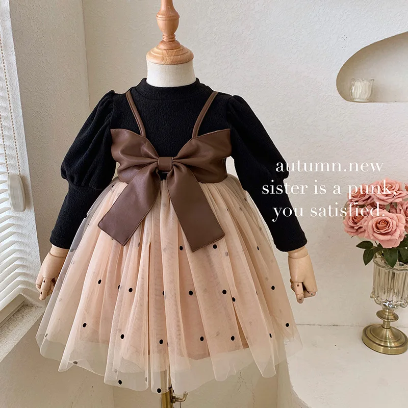 

Girls Casual Dresses Spring Autumn Season New Children Clothing Long Sleeved Fluffy Yarn Birthday Party Bows Sweet