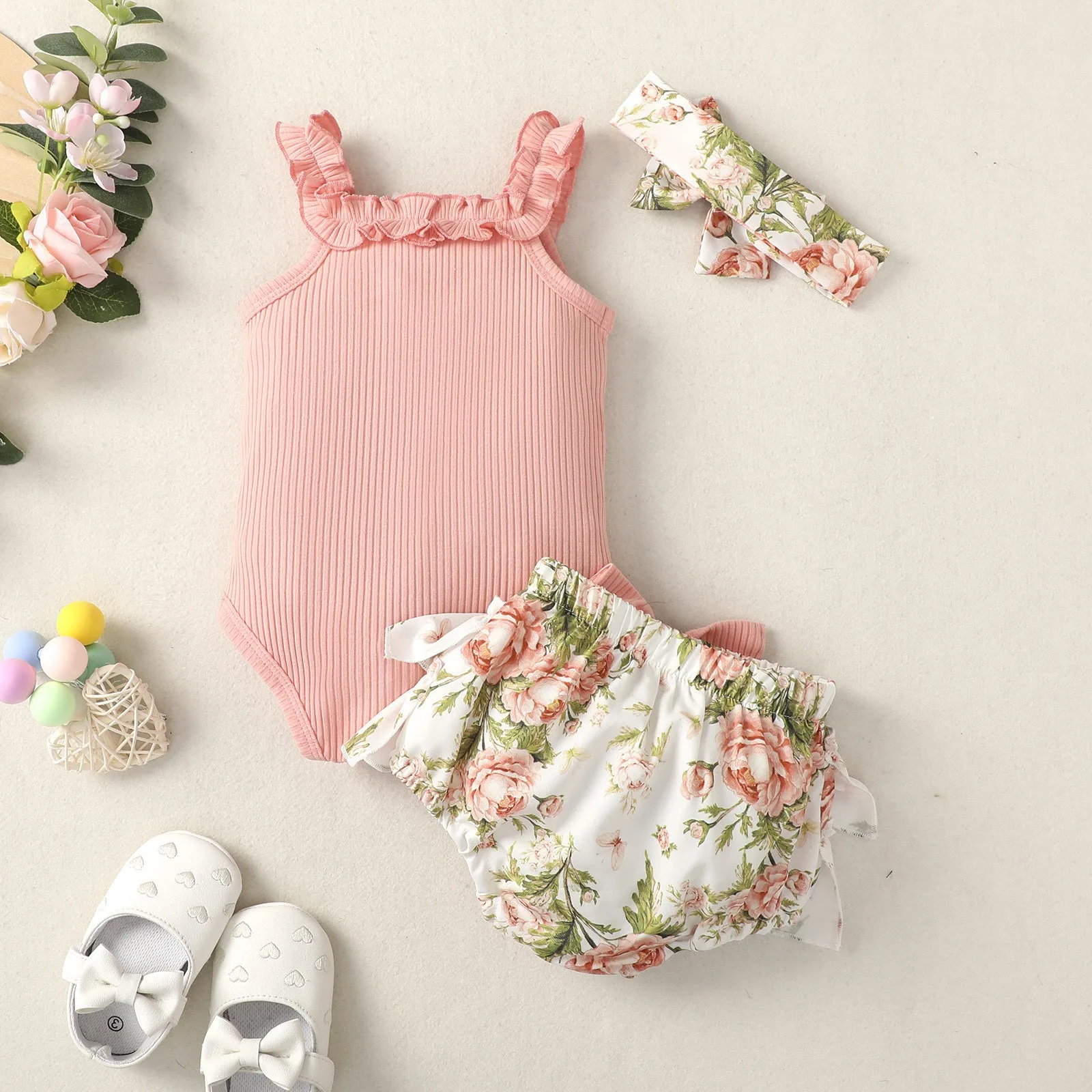 

3pc New Kids Cute Floral Romper Baby Girls Clothes Jumpsuit Overall +Shorts+Headband 0-24M Toddler Newborn Outfits Children Set