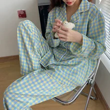 Korean Grid Girls Pajamas Set Cute Long Sleeve Leisure Sleepwear For Women Loose Nightwear Homewear Suit 
Korean Grid Girls Pajamas Set Cute Long Sleeve Leisure Sleepwear For Women Loose Nightwear Homewear Suit