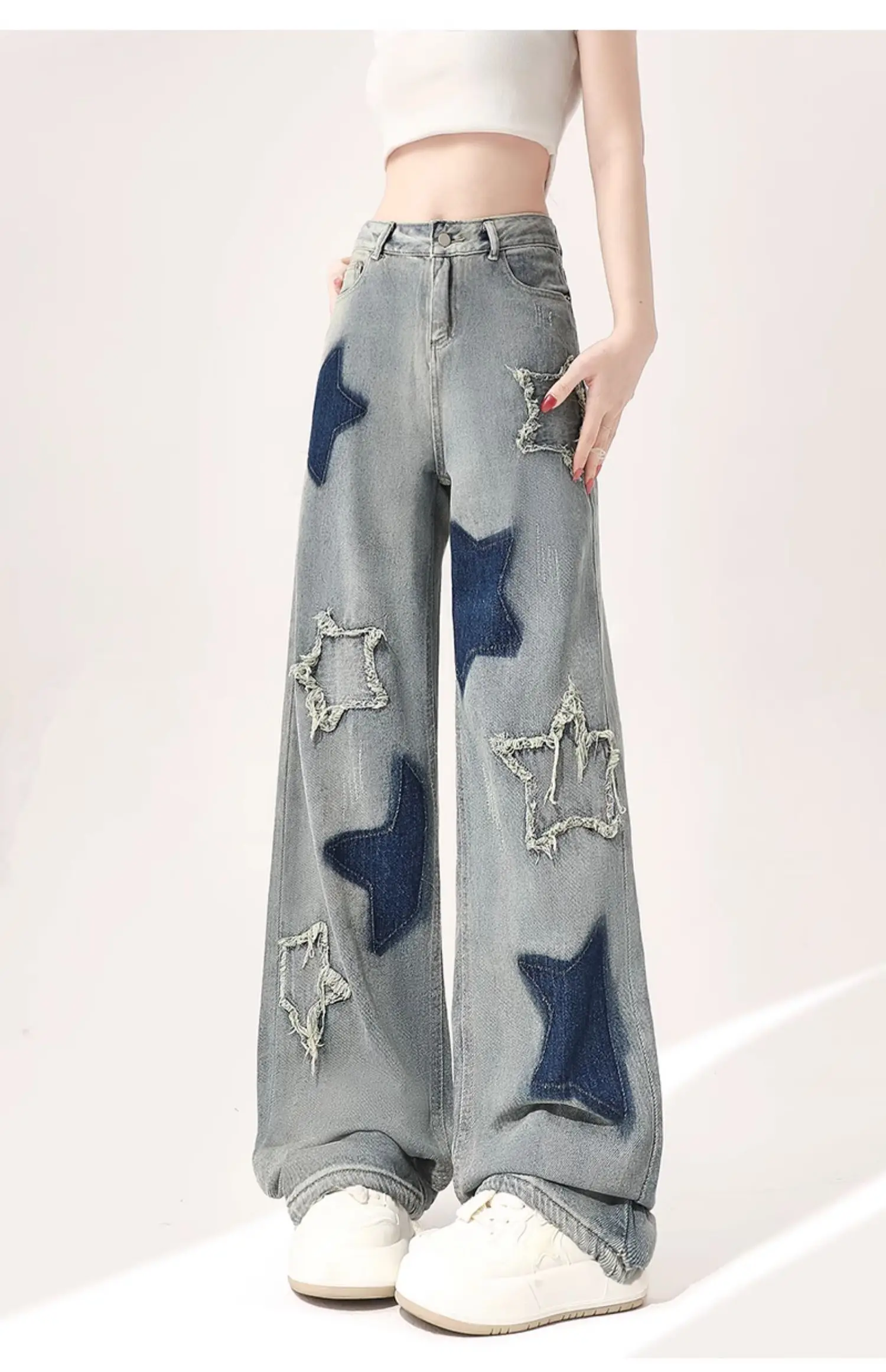 

Женские джинсы с пятиконечными звездами и необработанными краями в стиле ретро Y2k, уличная одежда, свободные джинсовые брюки, женские брюки с высокой талией, 2024