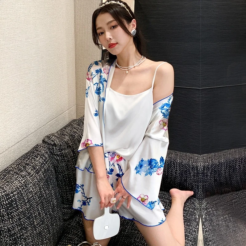 

3PC Silk Robe Sleep Suit Womens Satin Pajamas Gown Set V-Neck Cami Nighties Wear Pijama Home Nightwear Spring Nightdress