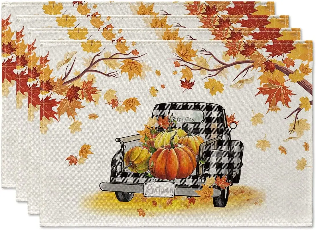 

Artoid Mode Maple Leaves Pumpkins Buffalo Plaid Truck Placemats Set of 4, 12x18 Inch Fall Autumn Thanksgiving Harvest Table Mats
