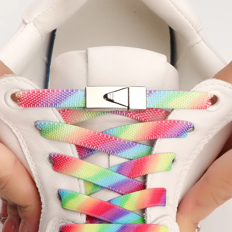 

New Flats 8MM Wide Elastic Laces Sneakers Shoelaces Without Ties Press Lock No Tie Shoe Laces Kids Adult Rainbow Rubber Shoelace