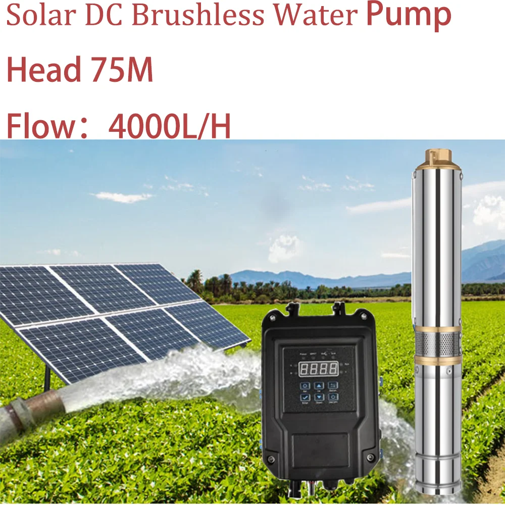 

1200W Max Head 75M Solar Deep Well Pump 3Inch DC 72V Brushless PV System Submersible Pump Max Flow 4000L/H for Agriculture