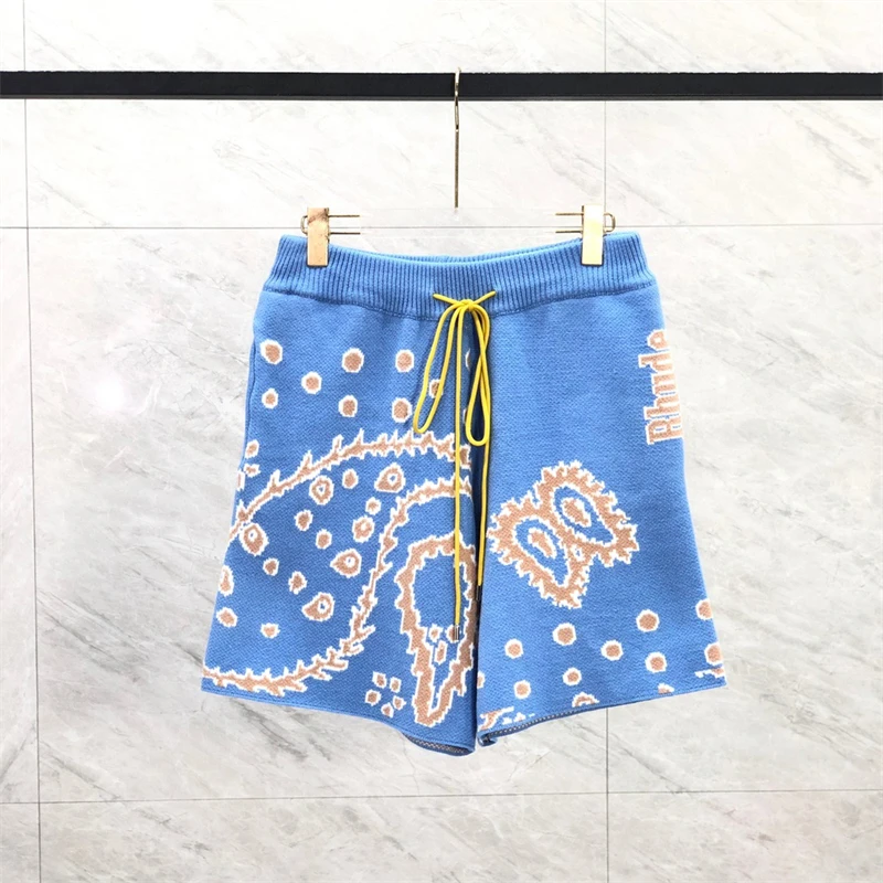 

23SS 2023 New Classic Rhude Knit Jacquard Shorts Blue Green Real Tag Yellow Drawstring Breeches Techwear