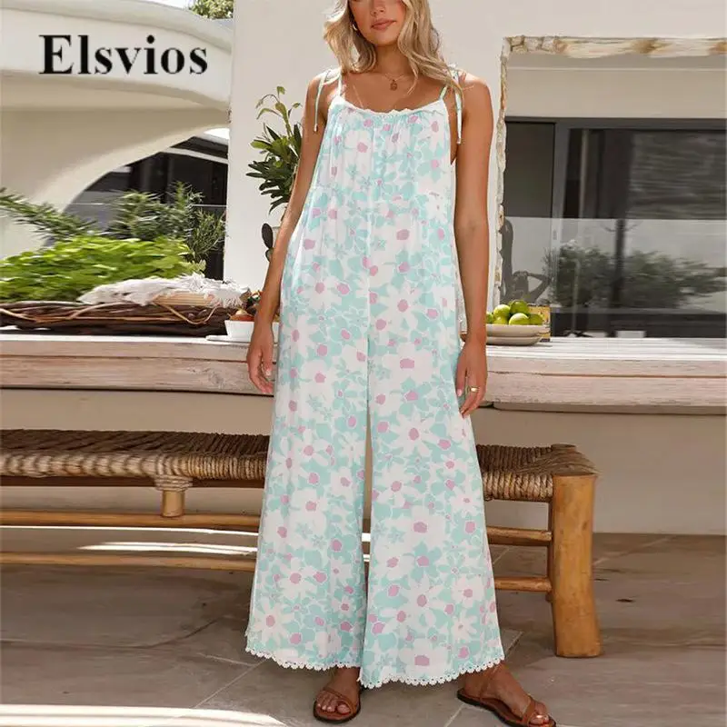 

Summer Female Sleevless Tie-up Sling Romper Vintage Spring Floral Print Women Overalls Casual Loose Wide Leg Beach Boho Jumpsuit