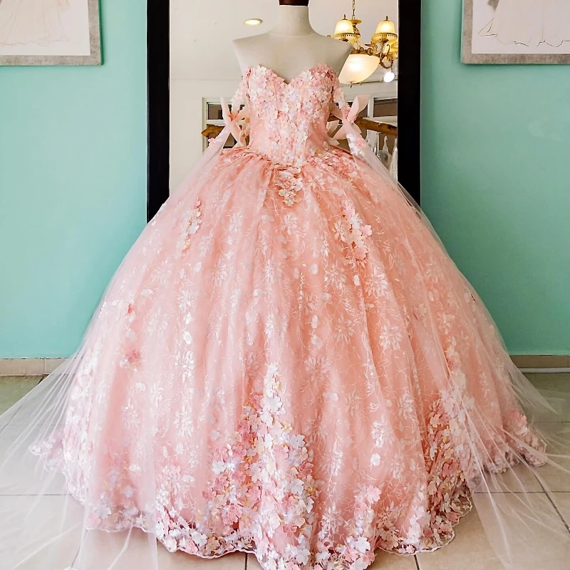 

Pink Shiny Off The Shoulder Quinceanera Dress Ball Gown Lace Applique Beaded With Cape Corset Sweet 16 Vestido De 15 Anos