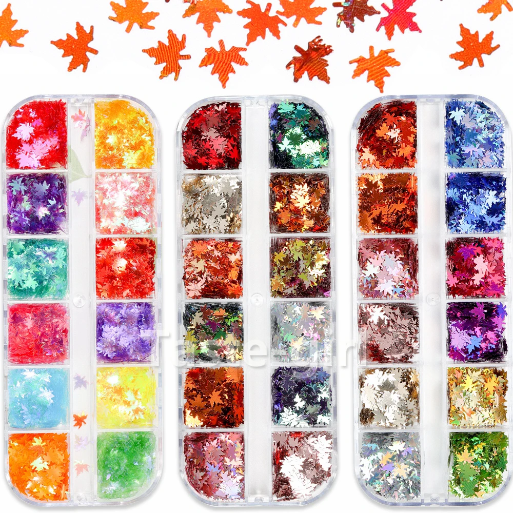 

12 Grids Maple Leaves Nail Glitter Sequins Mixed Shiny Fallen Leaf Flakes DIY Autumn Nail Art Decoration Accessories Supplies