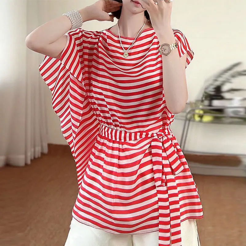 

Women's Clothing Fashion Irregular Blouse Casual Striped Waist Drawstring Basic Summer Asymmetrical Commute Korean Loose Shirt