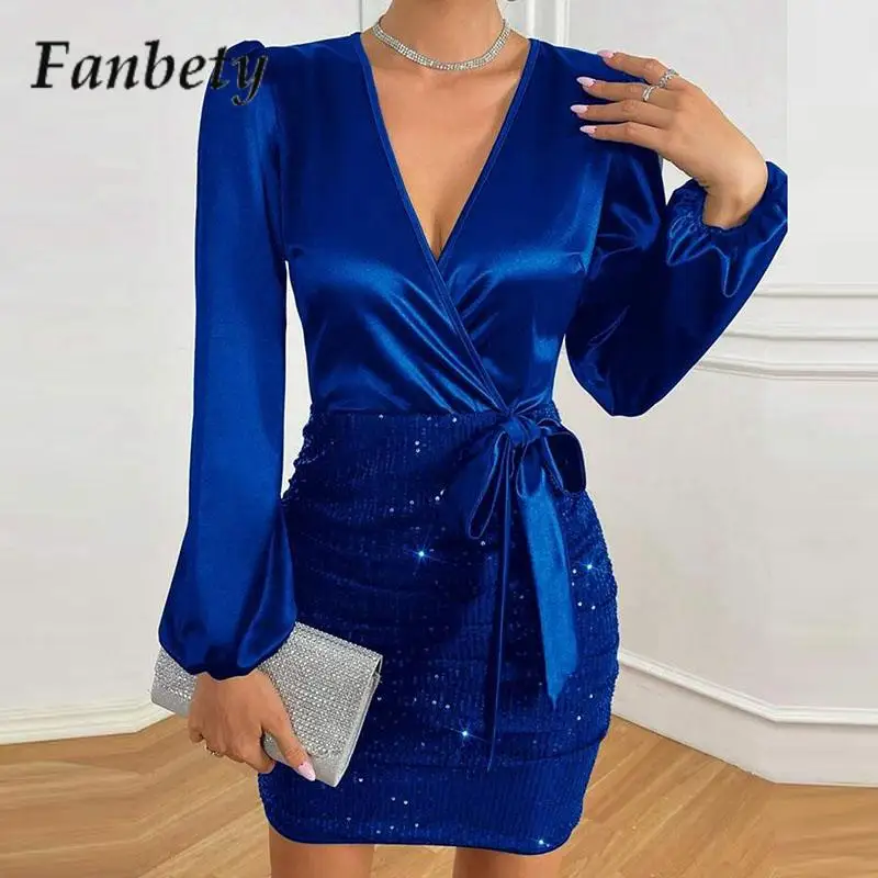 Elegant Commuter Long Sleeve Skinny Dress Fashion Splicing Sequins Party Dress Chic V-Neck Slim Tie Bow Mini Dresses Vestidos
Elegant Commuter Long Sleeve Skinny Dress Fashion Splicing Sequins Party Dress Chic V-Neck Slim Tie Bow Mini Dresses Vestidos
