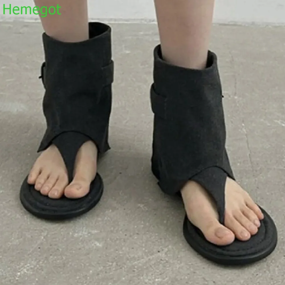 

Belt Buckle Summer Open Sandals 2024 New Casual Shallow Cover Heel Flat Short Boots Black/khaki Fashion Women Roman Sandals
