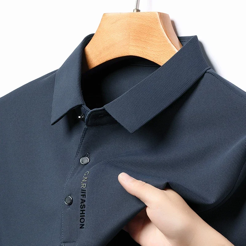 

Мужская весенне-осенняя рубашка-поло с длинными рукавами и вафельным принтом, деловая Повседневная футболка с лацканами, эластичная Базовая рубашка, Топ