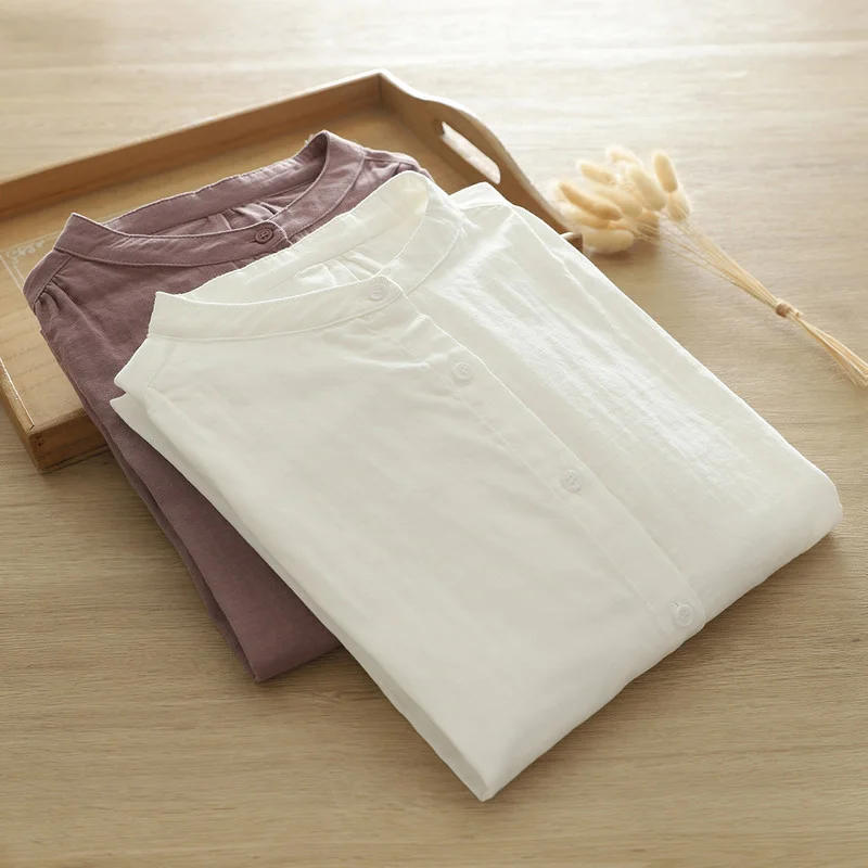 

Женская рубашка из 100% хлопка и пряжи, Летняя короткая блузка в японском стиле с коротким рукавом летучая мышь, топы больших размеров, блузки для женщин среднего возраста, 2024