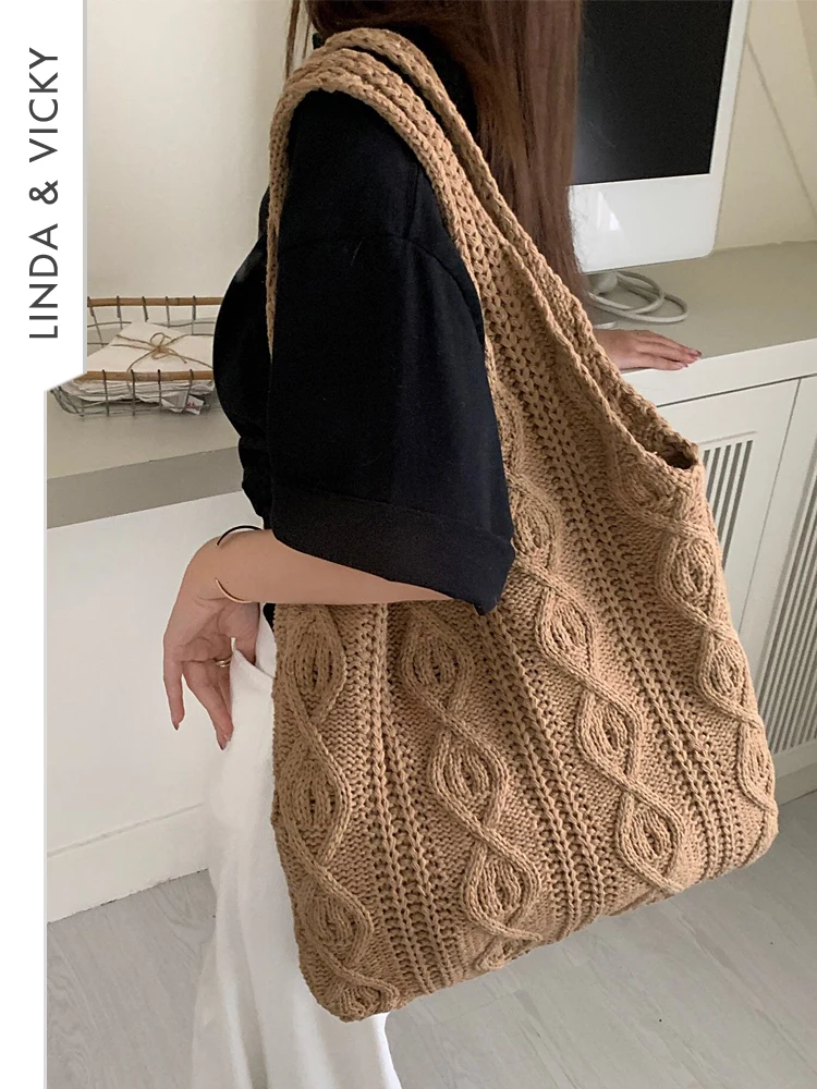 

Handmade Women's Handbag Wool Knitted Hollow Out Exposure Tote Crochet Bag Fresh And Sweet Preppy Style Girl Underarm Side Bags