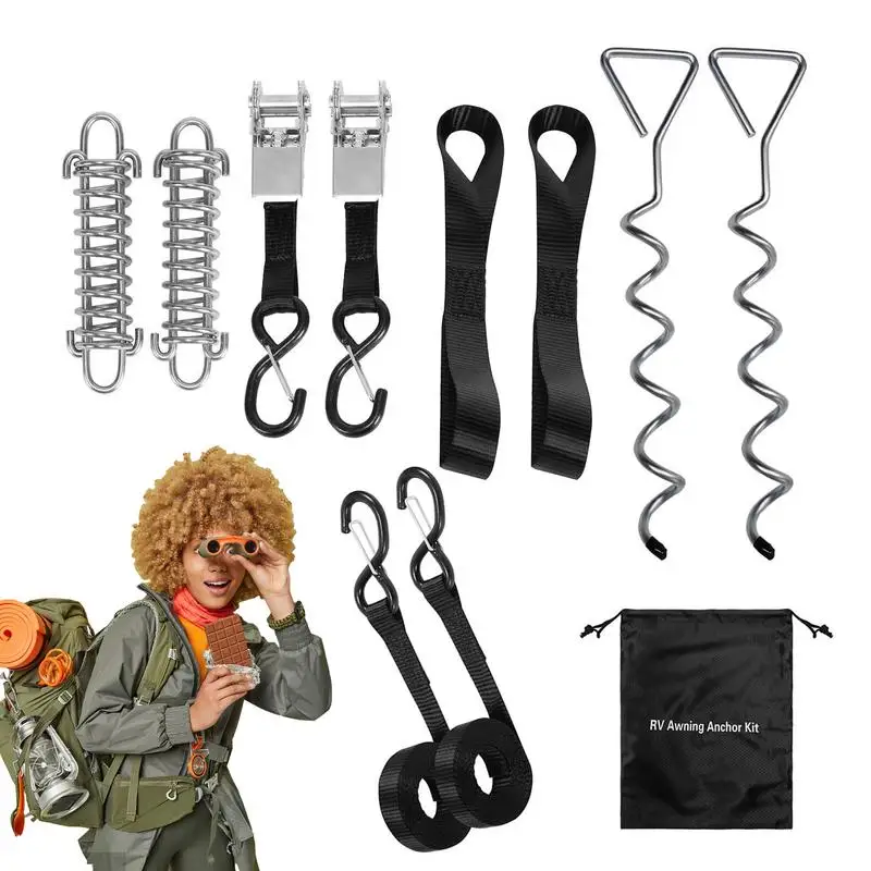 

RV Awning Tie Down Kit Travel Trailer Spring RV Anchor Stakes Waterproof Large Tent Trampoline Tie Down Tools Travel Trailer